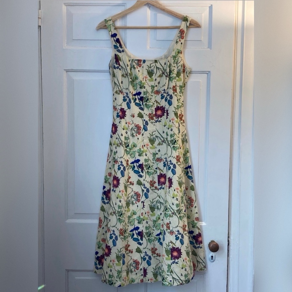 Christian Lacroix Cream Botanical Floral Square Neck Linen Midi Dress, size XS